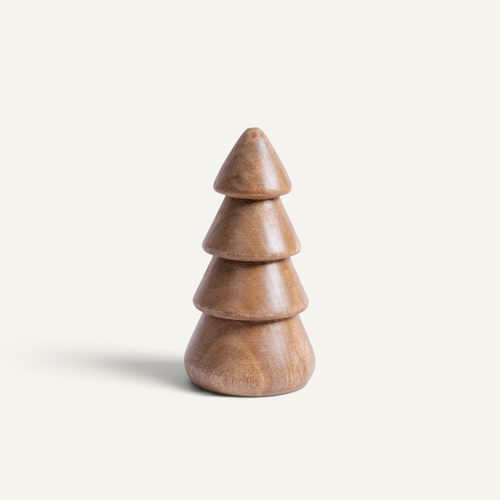 A small decorative wooden tree figurine with a smooth, rounded tiered design in a warm medium brown finish, set against a plain off-white background.