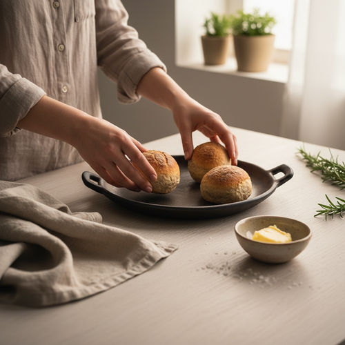 Person arranging bread rolls on a ceramic platter with a bowl of butter on a table.