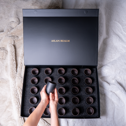 Black box with 'ASLAN REALM' branding containing multiple small round items on a textured surface.