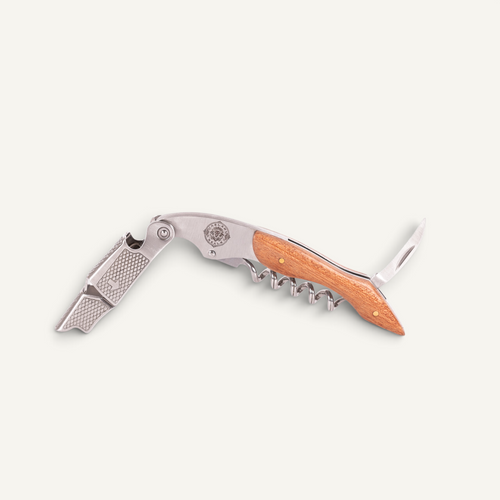 A silver-toned stainless steel corkscrew knife with a textured handle and a partially extended corkscrew, shown on a clean off-white background.