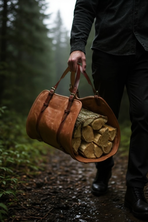 Man carrying a brown full-grain leather firewood carrier beside an open in a forest