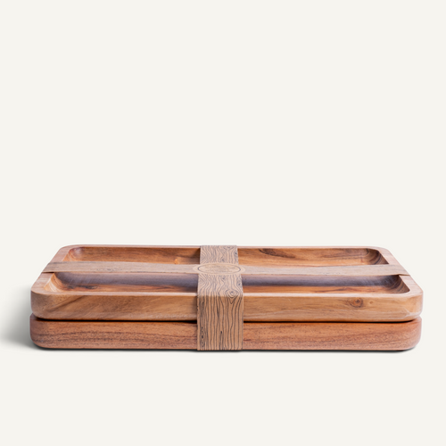 Two rectangular wooden serving trays with a central wooden band, shown stacked on a light off-white background.