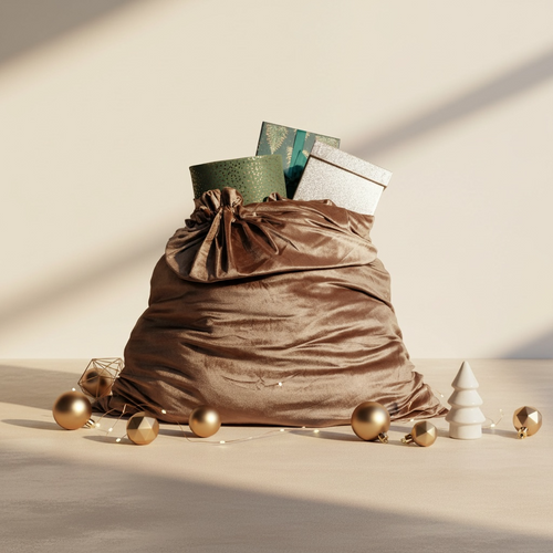 Mocha silk velvet gift sack with books and Christmas decorations on a beige surface