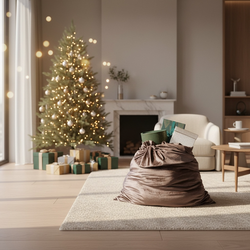 Living room with a decorated Christmas tree, silk velvet gift bag, and presents.