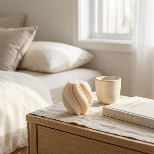 Wooden nightstand with decorative items and ivory candle in a bedroom setting