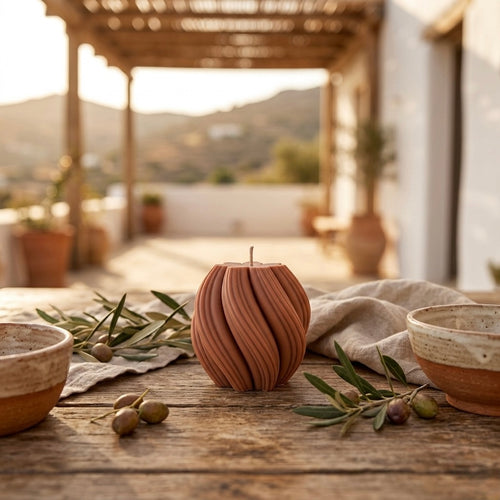 Terracotta candle on a wooden table with olive branches and bowls, set against a mountainous landscape.