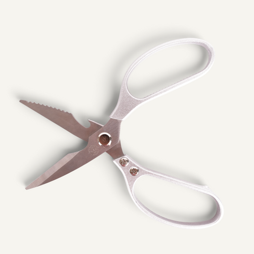 A pair of kitchen shears with silver stainless steel blades and handles, shown on a light off-white background.
