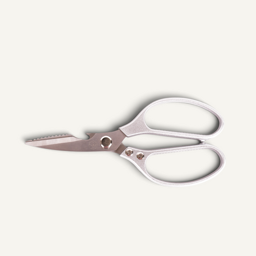 A pair of stainless steel kitchen shears with silver handles, shown on a light off-white background.