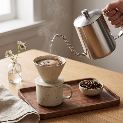A hand holds a stainless steel gooseneck kettle pouring hot water into a ceramic pour-over coffee dripper set inside a speckled mug on a wooden tray. A small bowl of coffee beans and a glass vase with flowers sit on the table near a window.