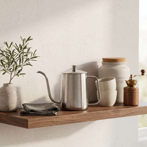 A stainless steel gooseneck kettle with a matching handle sits on a wooden floating shelf, styled with a folded gray cloth, a small vase with greenery, stacked cream cups, a ceramic jar, and a wooden coffee grinder against a warm off-white wall.
